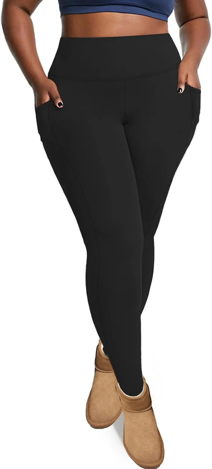 Plus Size Leggings Fleece Lined for Women Thermal Winter Tummy Control Pants Workout Running Yoga Pants with Pockets