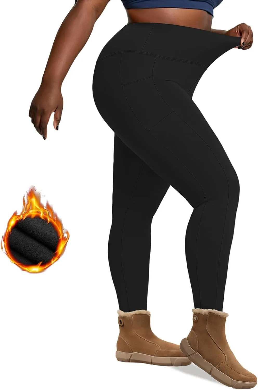 Plus Size Leggings Fleece Lined for Women Thermal Winter Tummy Control Pants Workout Running Yoga Pants with Pockets