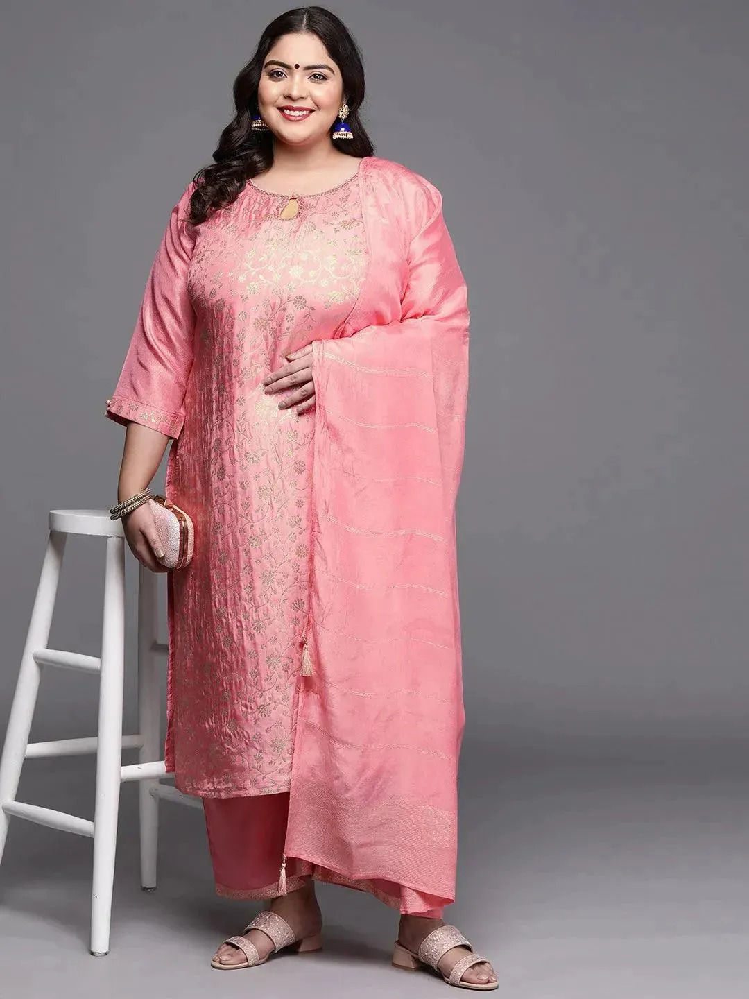 Plus Size Pink Woven Design Silk Blend Straight Kurta With Palazzos & Dupatta