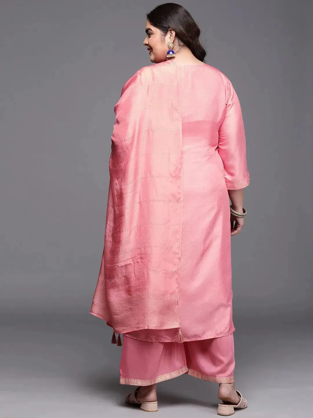 Plus Size Pink Woven Design Silk Blend Straight Kurta With Palazzos & Dupatta