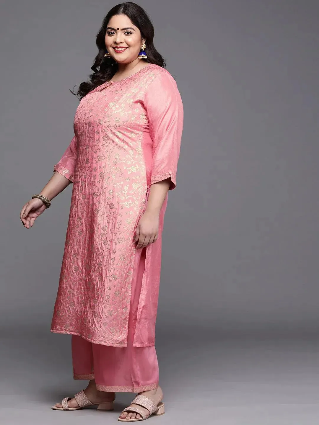 Plus Size Pink Woven Design Silk Blend Straight Kurta With Palazzos & Dupatta