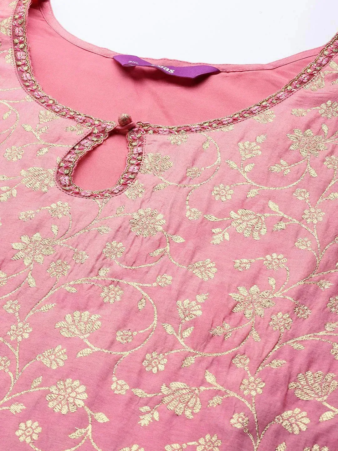 Plus Size Pink Woven Design Silk Blend Straight Kurta With Palazzos & Dupatta