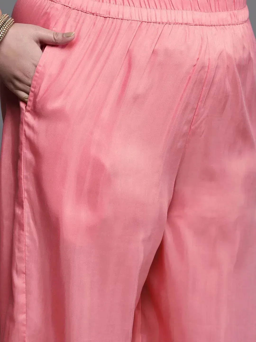 Plus Size Pink Woven Design Silk Blend Straight Kurta With Palazzos & Dupatta