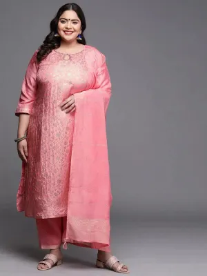 Plus Size Pink Woven Design Silk Blend Straight Kurta With Palazzos & Dupatta