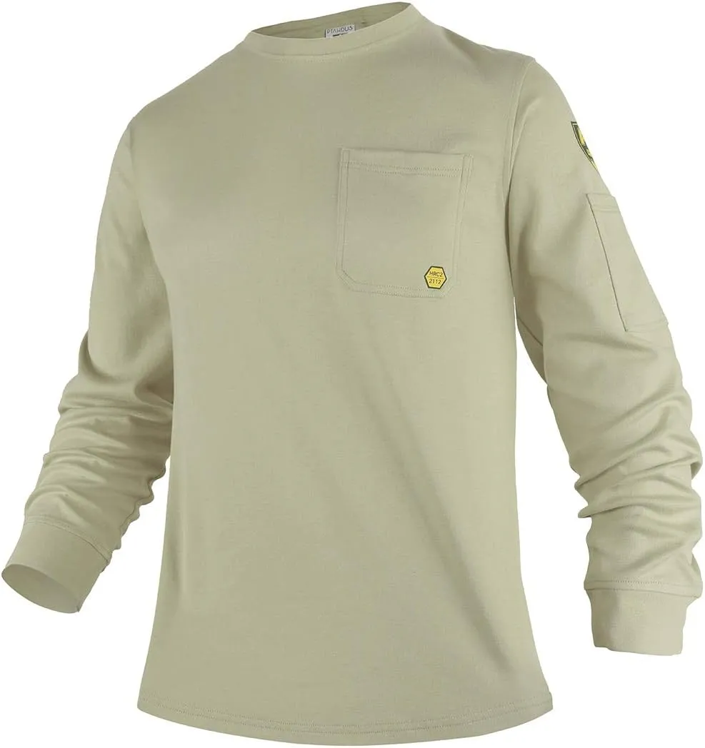 PTAHDUS FR Shirts for Men,5.5oz/7.1oz Round Neck Flame Resistant Long Sleeve Shirts, 100% Cotton Workwear FR Clothing for Men