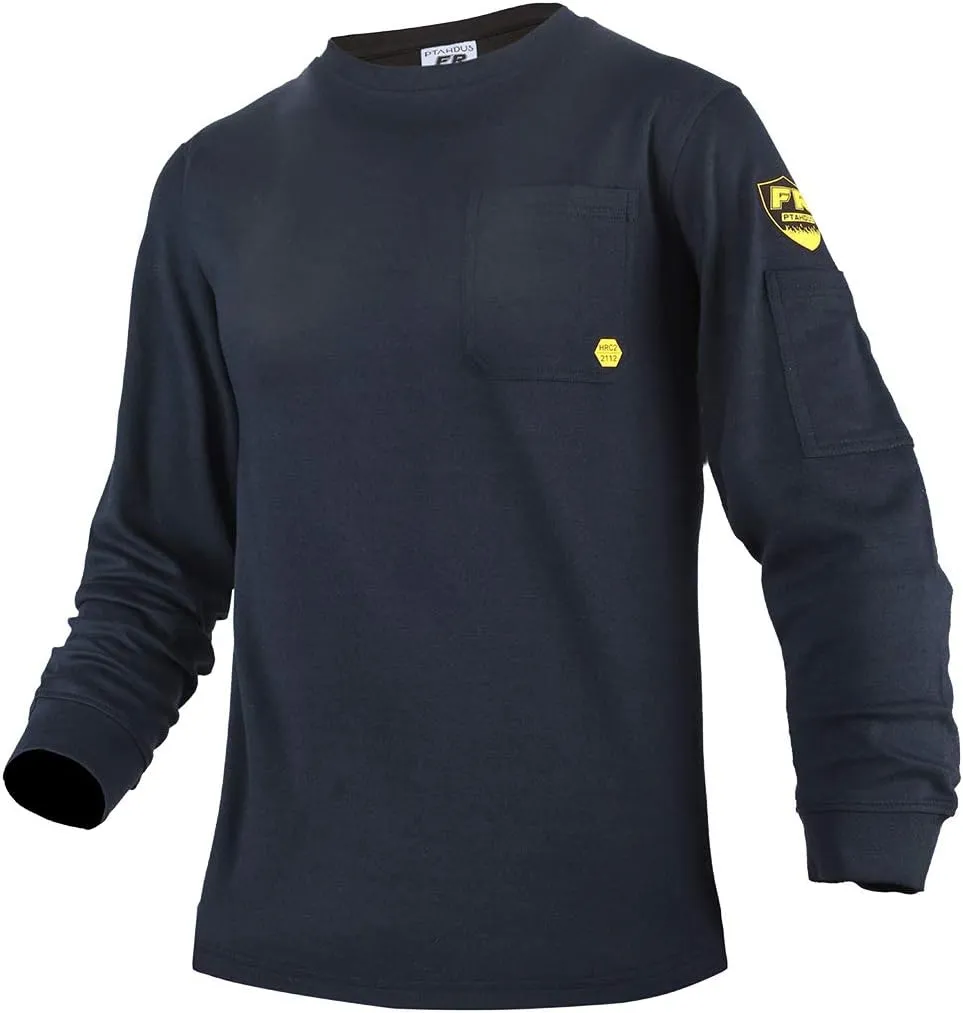PTAHDUS FR Shirts for Men,5.5oz/7.1oz Round Neck Flame Resistant Long Sleeve Shirts, 100% Cotton Workwear FR Clothing for Men