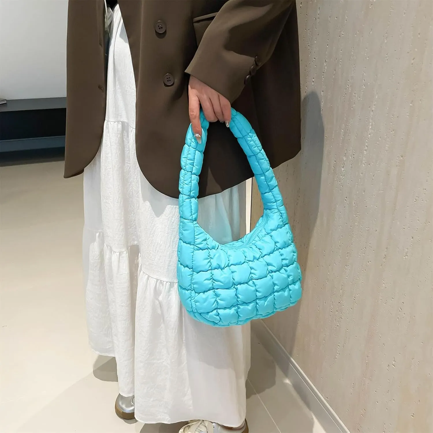 Puffer Quilted Shoulder Bag for Women Handbag Puffy Hobo Nylon Padded Tote Bag Soft Purse Lightweight