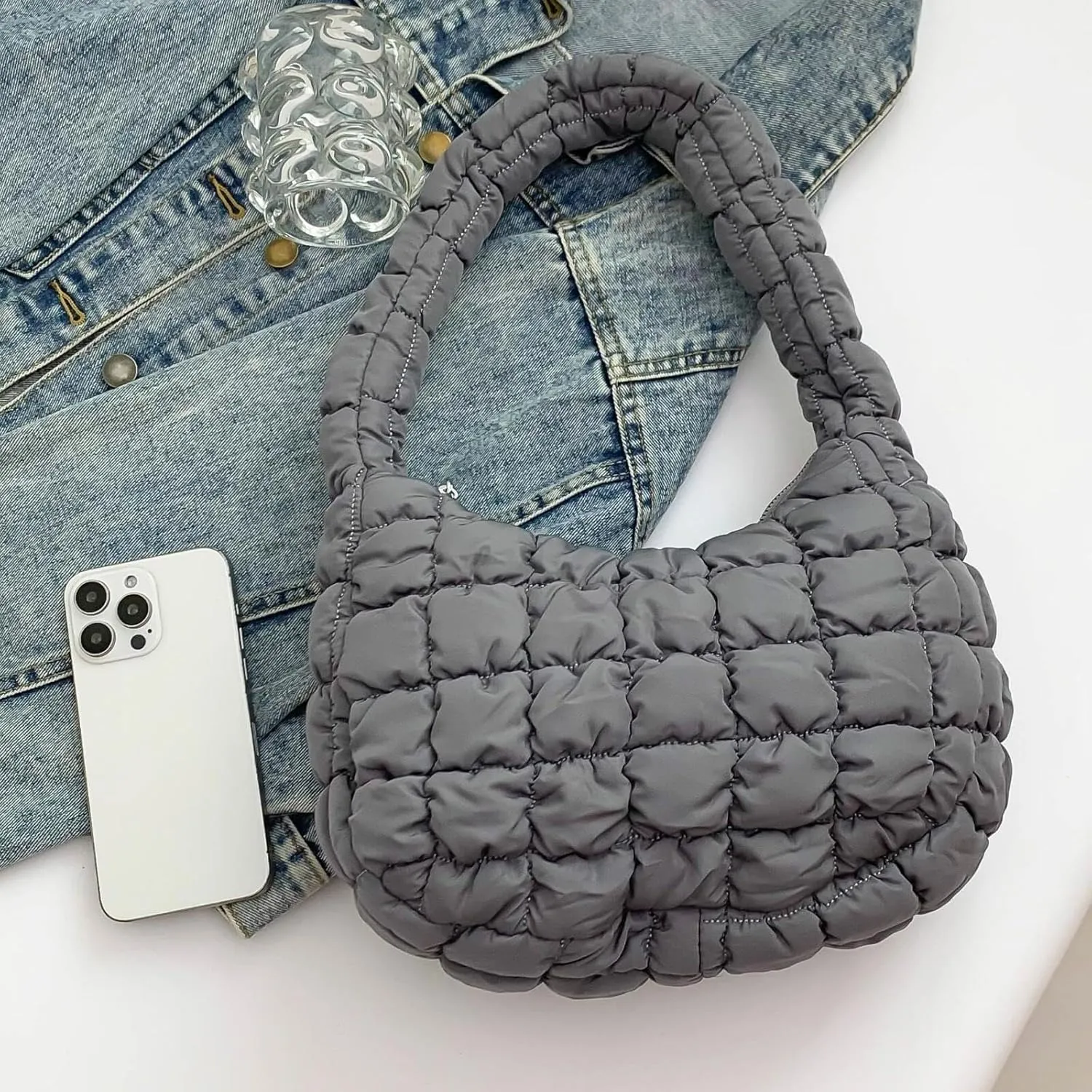Puffer Quilted Shoulder Bag for Women Handbag Puffy Hobo Nylon Padded Tote Bag Soft Purse Lightweight