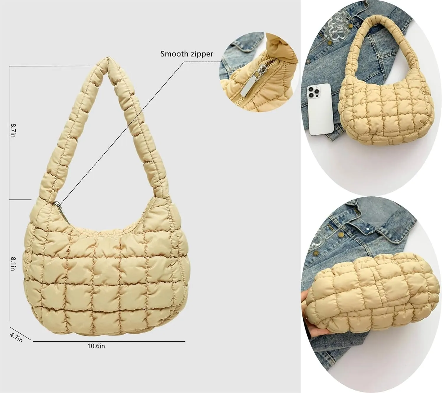Puffer Quilted Shoulder Bag for Women Handbag Puffy Hobo Nylon Padded Tote Bag Soft Purse Lightweight