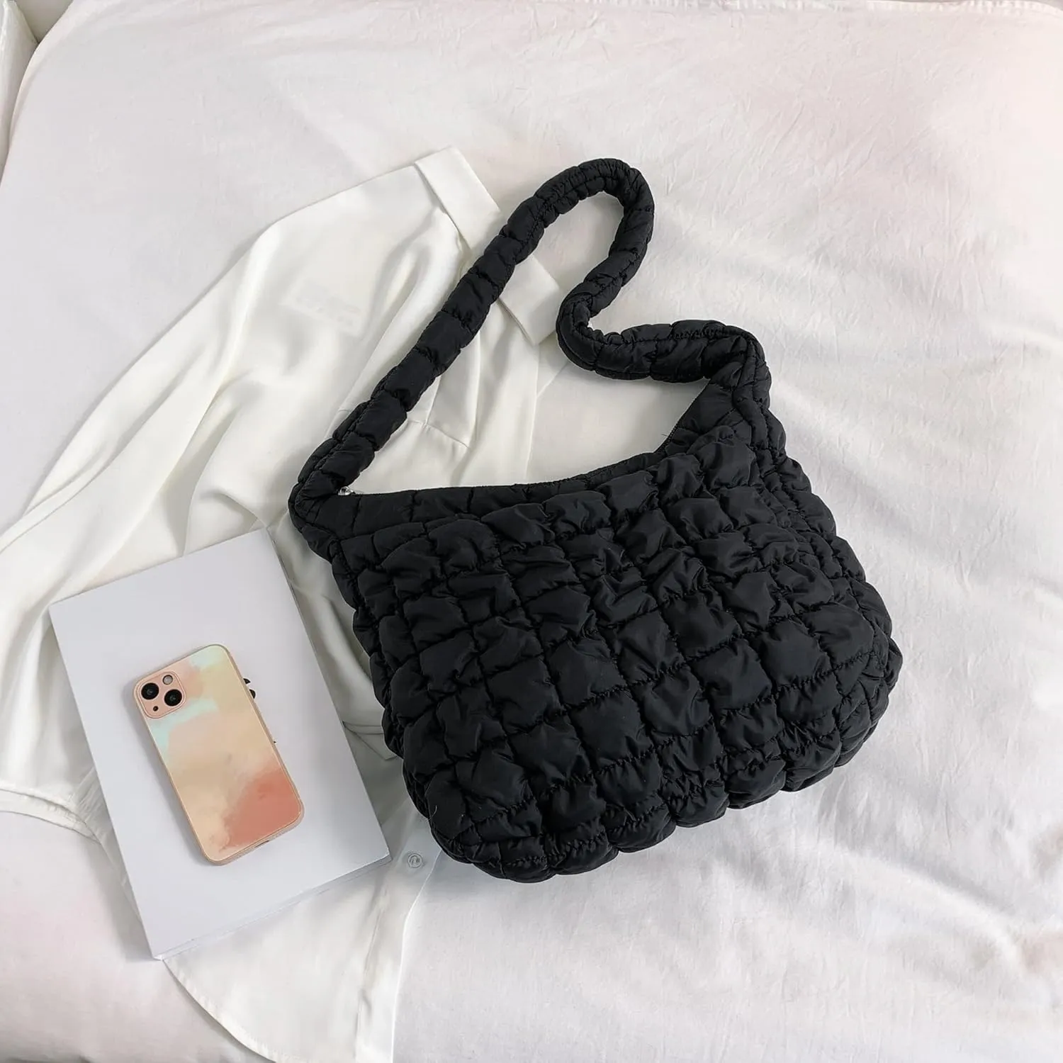 Puffer Quilted Tote Bag for Women Puffy Padded Crossbody Purse Soft Lightweight Shoulder Bag with Zipper