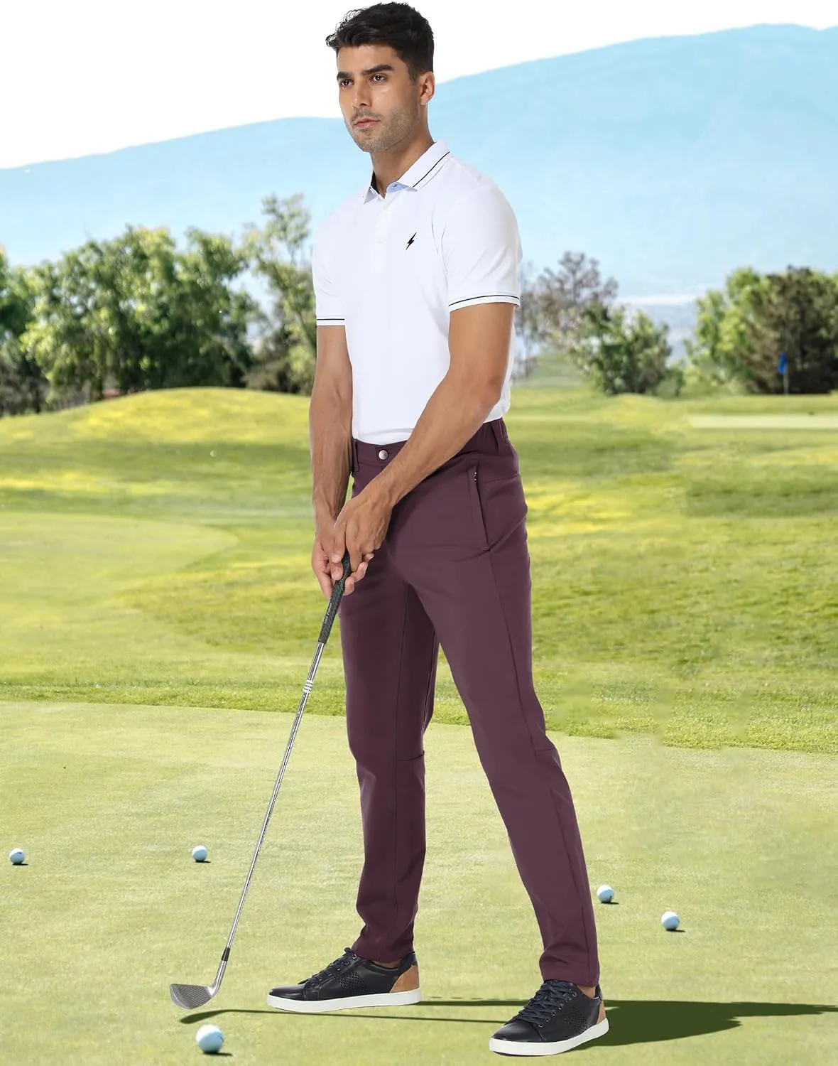 PULI Golf Pants Men Stretch Slim Fit Dress Casual Work Hiking Tapered Waterproof Pants with Pockets