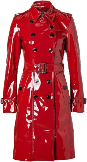 PVC Vinyl Womens Trench Coat Women Red Belted Waist Coats Womens Latex Jackets