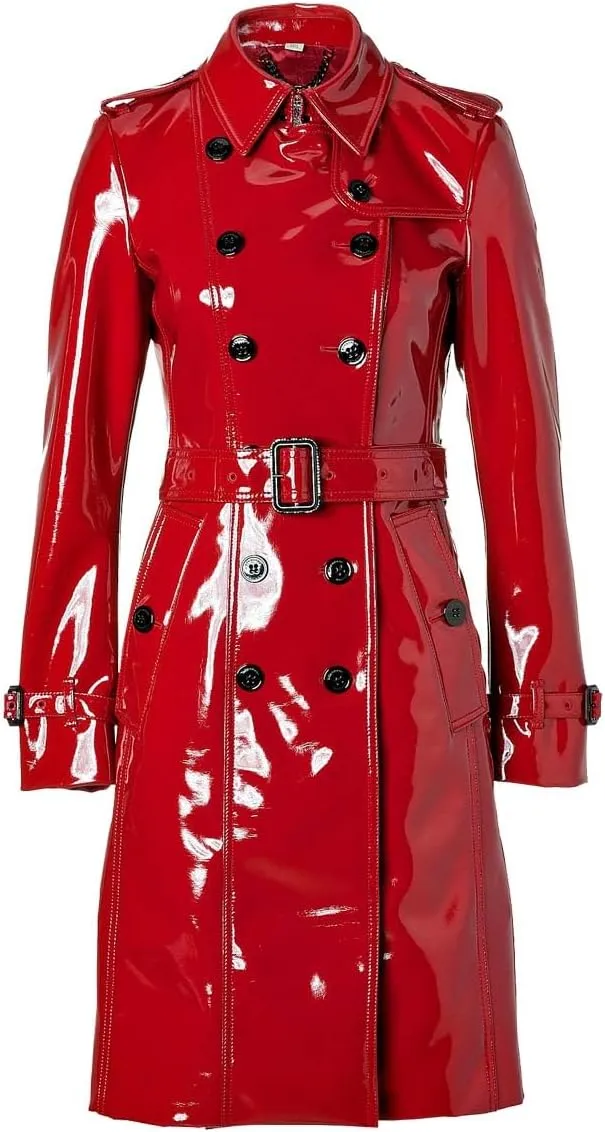 PVC Vinyl Womens Trench Coat Women Red Belted Waist Coats Womens Latex Jackets