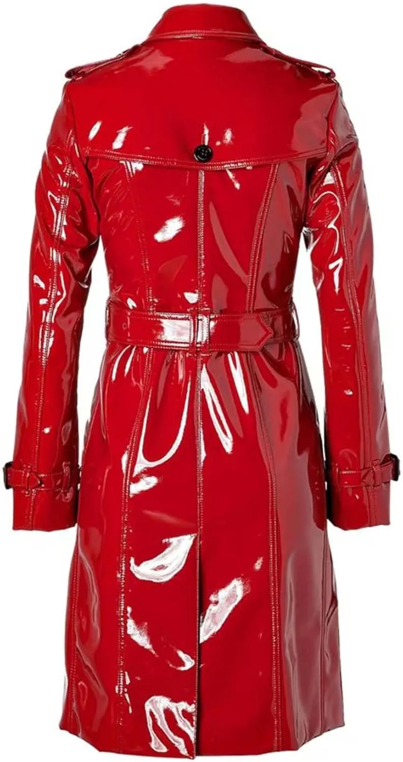 PVC Vinyl Womens Trench Coat Women Red Belted Waist Coats Womens Latex Jackets