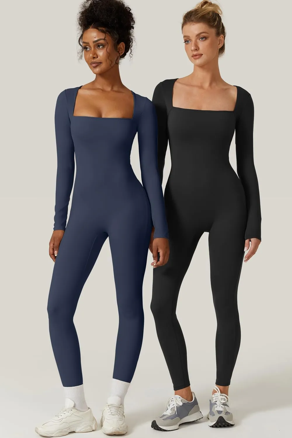 QINSEN Womens Sexy Square Neck Long Sleeve Full Length Leggings Bodycon Stretch Jumpsuit
