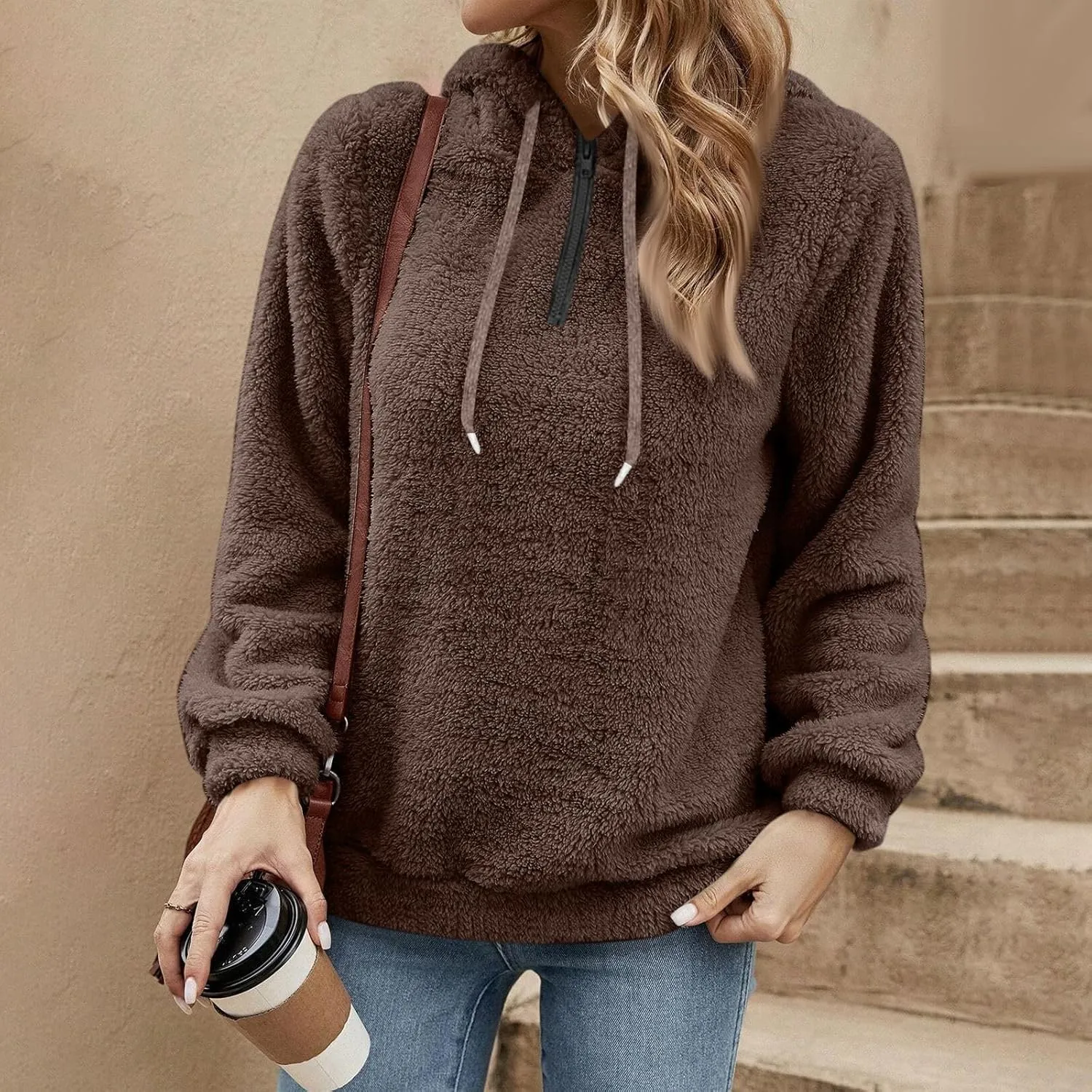 Quarter Zip Pullover Women Baggy Fleece Zipper Hoodie Comfy Cotton Drawstring Sherpa Sweatshirts Pullover Winter Coat
