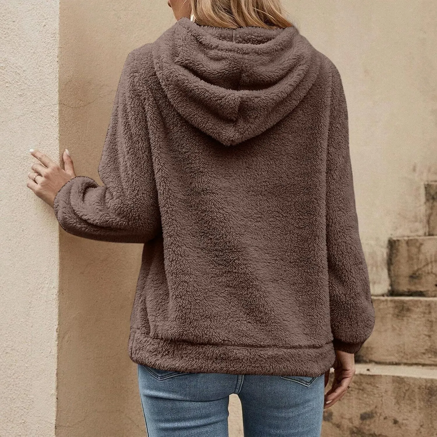 Quarter Zip Pullover Women Baggy Fleece Zipper Hoodie Comfy Cotton Drawstring Sherpa Sweatshirts Pullover Winter Coat