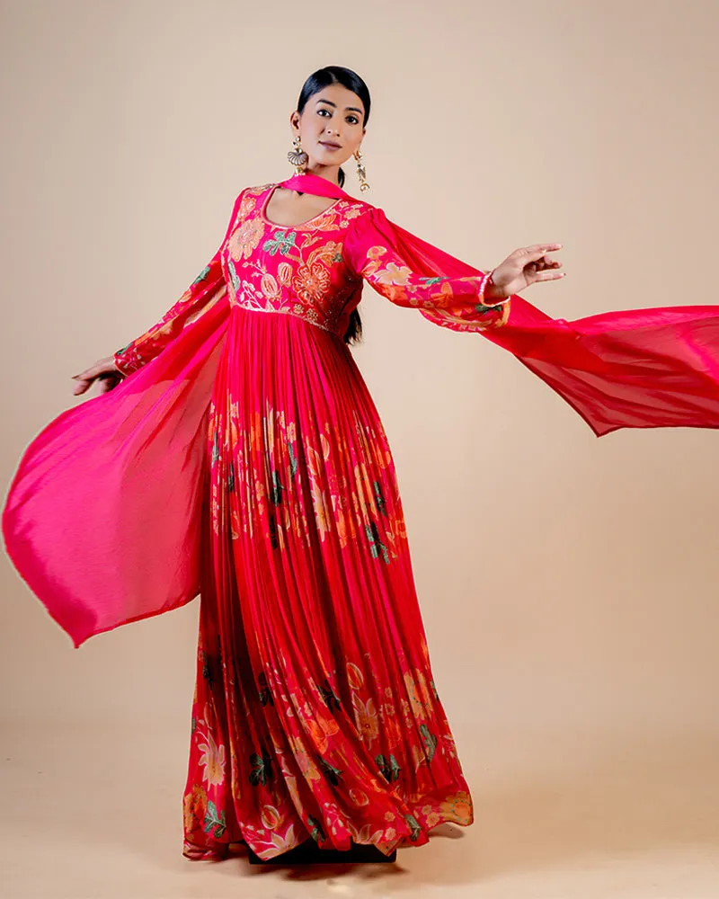 Rani Pink full length floral print Anarkali dress