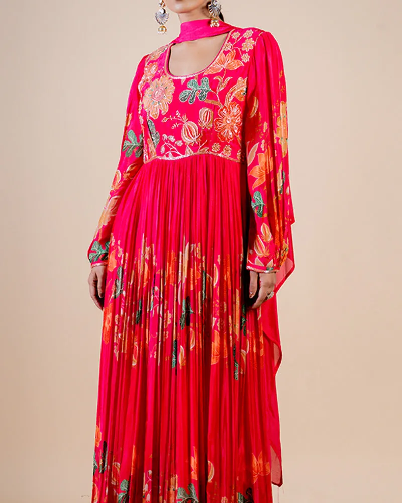 Rani Pink full length floral print Anarkali dress
