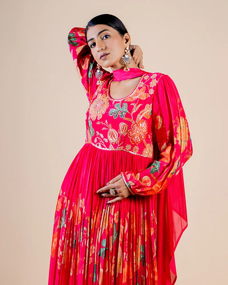 Rani Pink full length floral print Anarkali dress