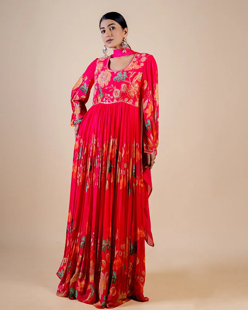 Rani Pink full length floral print Anarkali dress