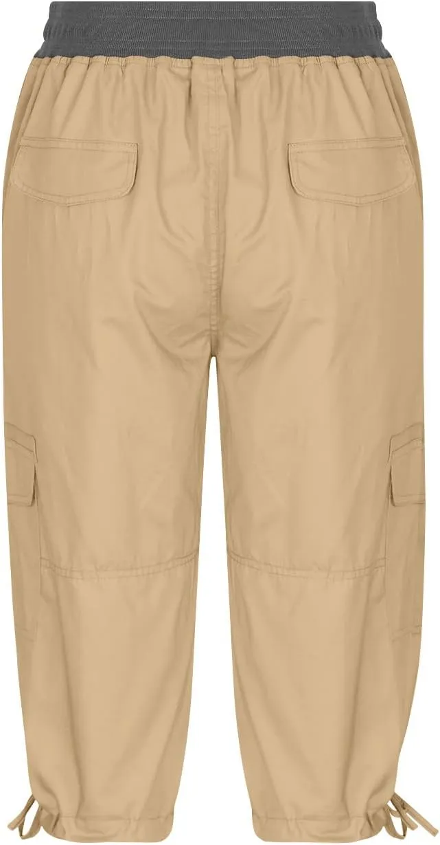 RKSTN Summer Capri Pants for Women Casual Cargo Pant Elastic Waist Cropped Trouser Pants with Pockets Plain Capris