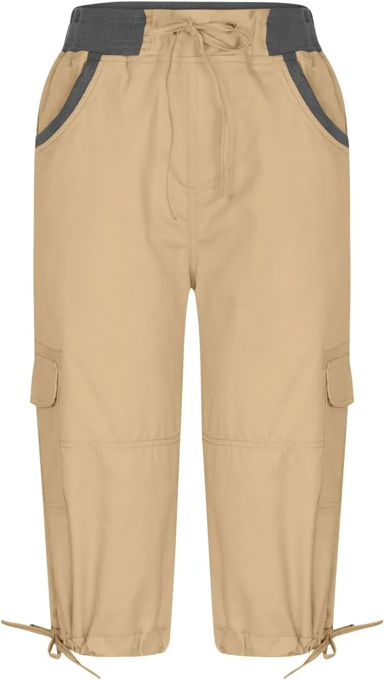 RKSTN Summer Capri Pants for Women Casual Cargo Pant Elastic Waist Cropped Trouser Pants with Pockets Plain Capris