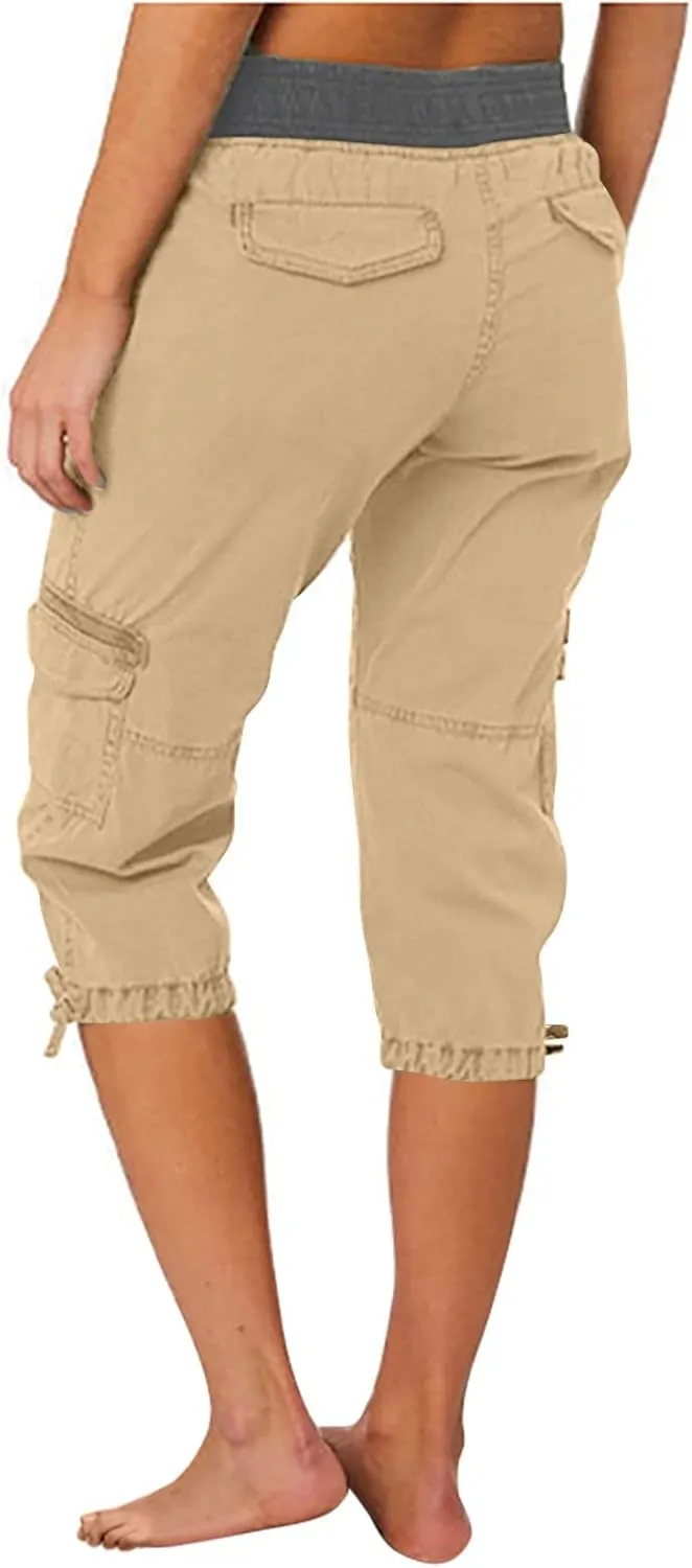 RKSTN Summer Capri Pants for Women Casual Cargo Pant Elastic Waist Cropped Trouser Pants with Pockets Plain Capris