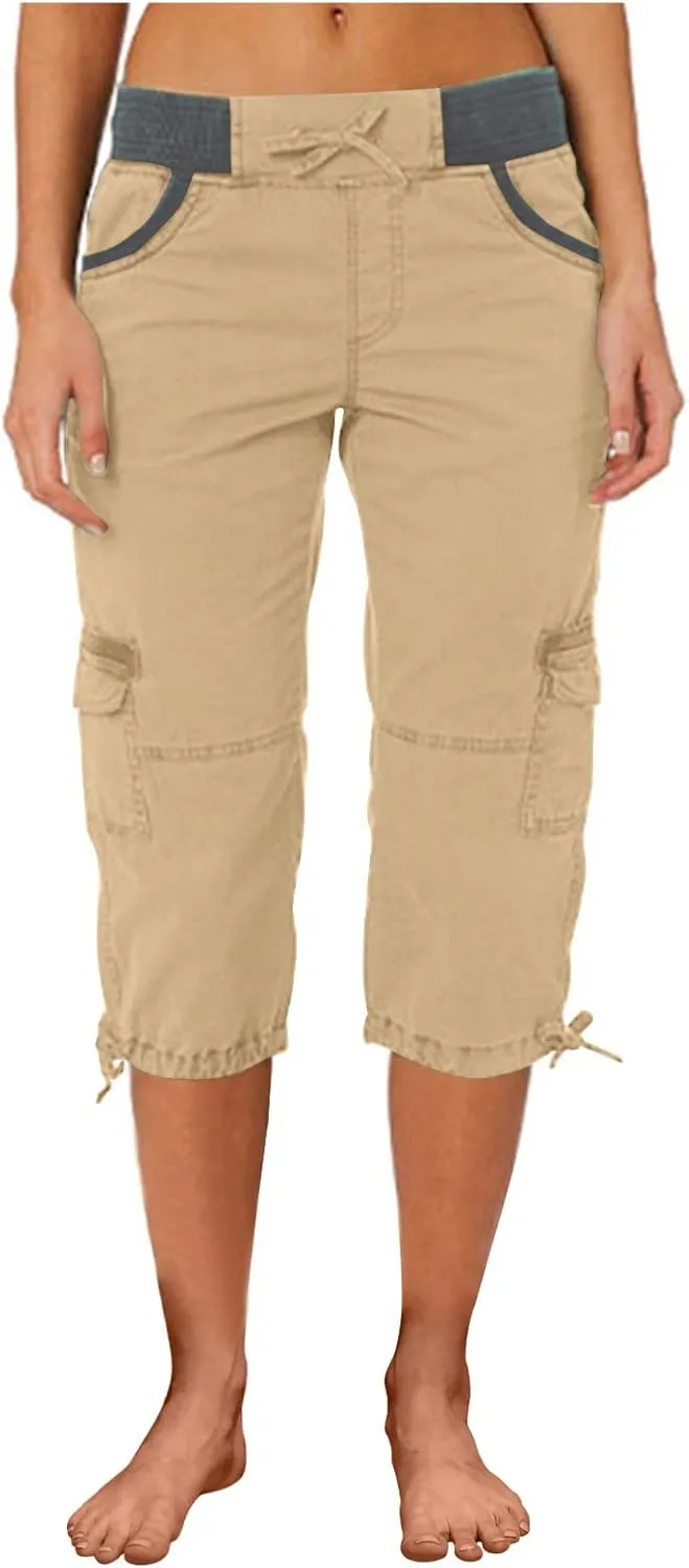 RKSTN Summer Capri Pants for Women Casual Cargo Pant Elastic Waist Cropped Trouser Pants with Pockets Plain Capris