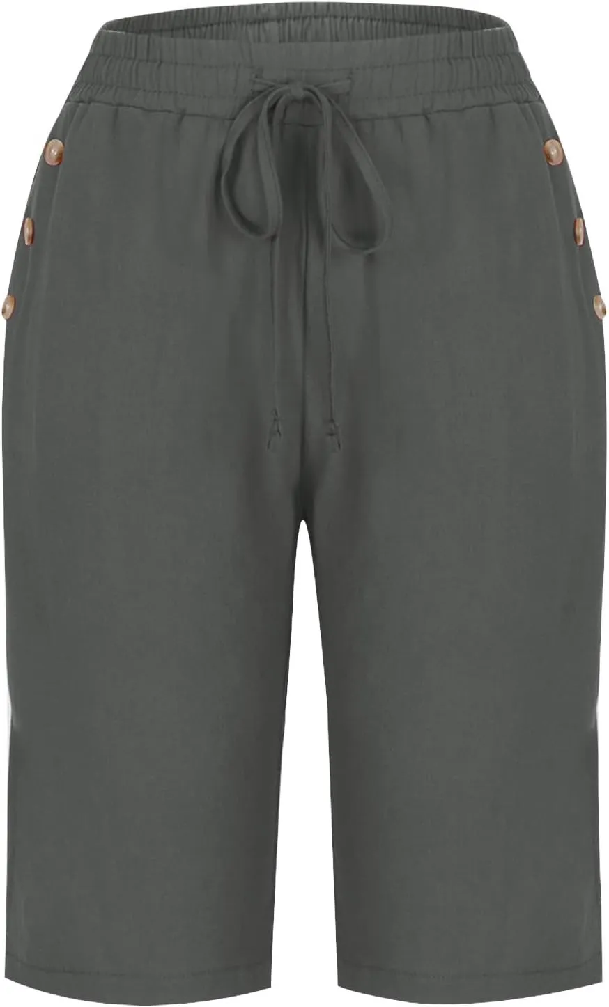 RKSTN Women Half Linen Pants with Pockets Elastic Waist Shorts Summer Beach Capris Solid Straight Wide Leg Knee Length Pant