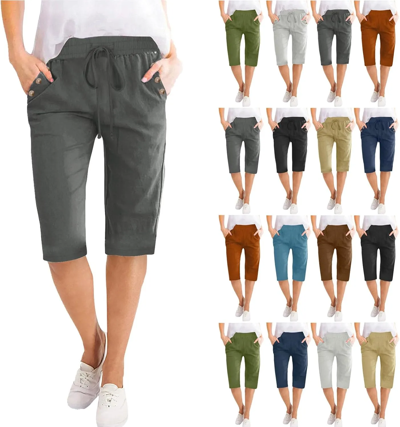 RKSTN Women Half Linen Pants with Pockets Elastic Waist Shorts Summer Beach Capris Solid Straight Wide Leg Knee Length Pant
