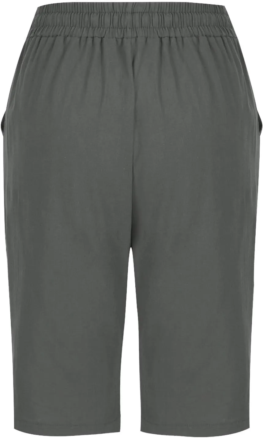 RKSTN Women Half Linen Pants with Pockets Elastic Waist Shorts Summer Beach Capris Solid Straight Wide Leg Knee Length Pant