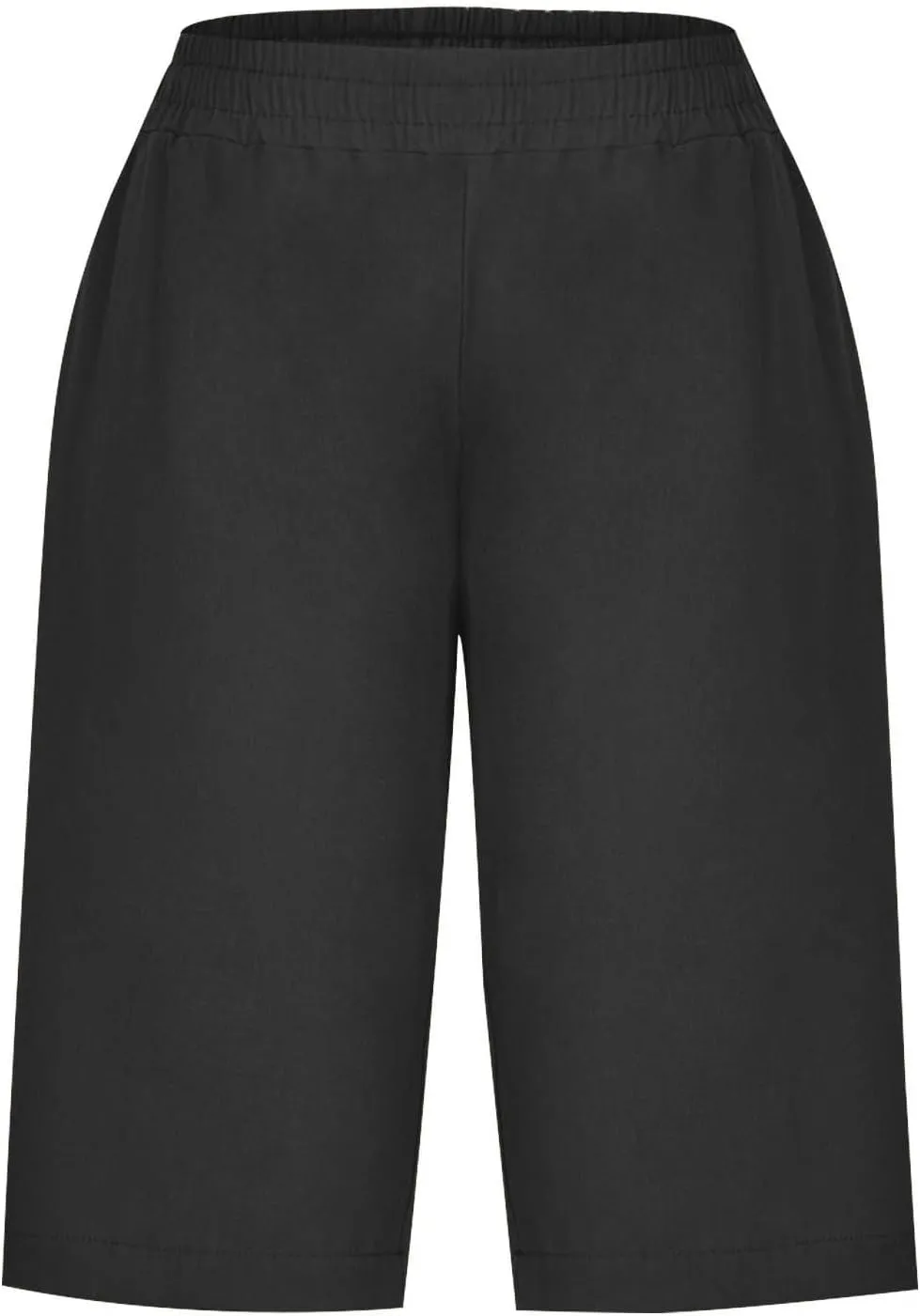 RKSTN Women Half Linen Pants with Pockets Elastic Waist Shorts Summer Beach Capris Solid Straight Wide Leg Knee Length Pant