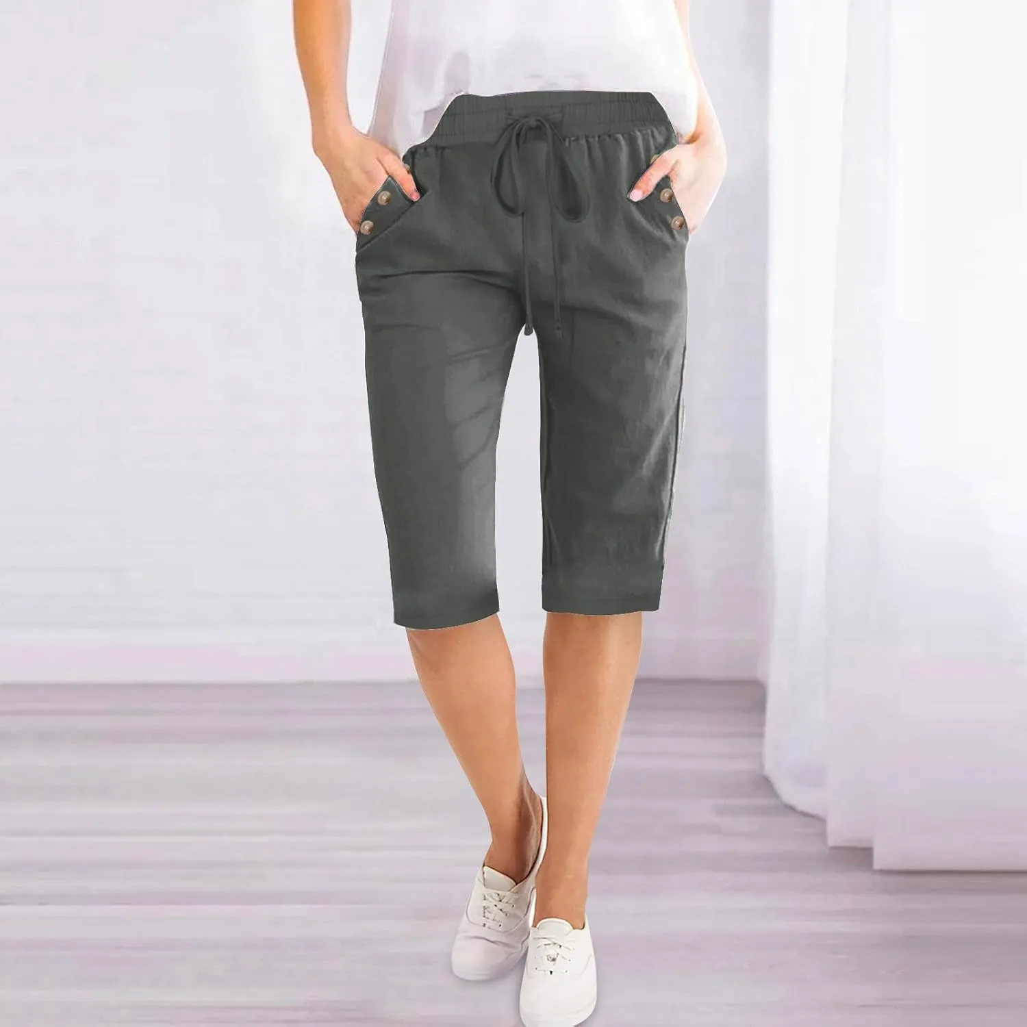 RKSTN Women Half Linen Pants with Pockets Elastic Waist Shorts Summer Beach Capris Solid Straight Wide Leg Knee Length Pant