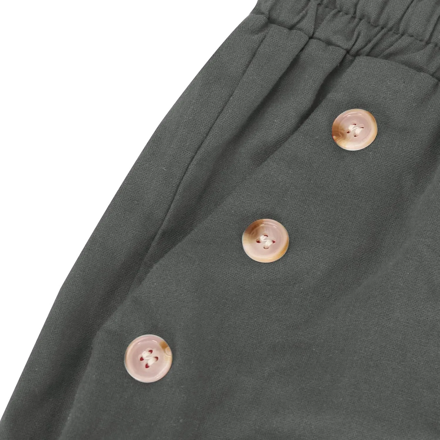 RKSTN Women Half Linen Pants with Pockets Elastic Waist Shorts Summer Beach Capris Solid Straight Wide Leg Knee Length Pant