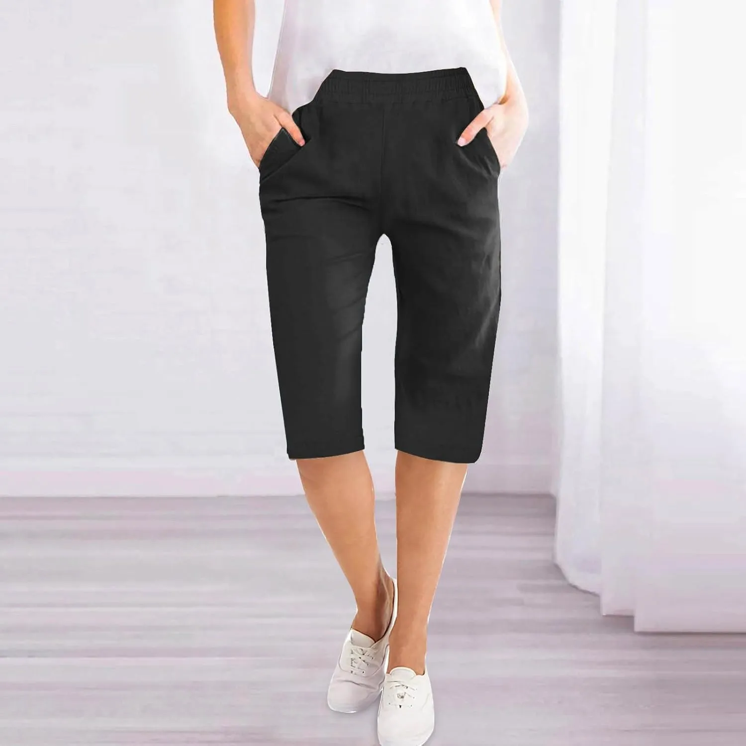 RKSTN Women Half Linen Pants with Pockets Elastic Waist Shorts Summer Beach Capris Solid Straight Wide Leg Knee Length Pant