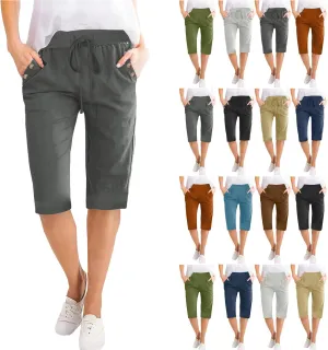 RKSTN Women Half Linen Pants with Pockets Elastic Waist Shorts Summer Beach Capris Solid Straight Wide Leg Knee Length Pant