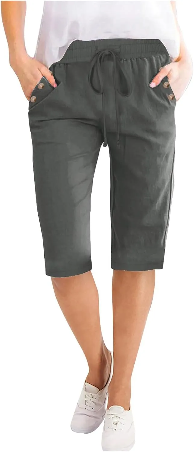 RKSTN Women Half Linen Pants with Pockets Elastic Waist Shorts Summer Beach Capris Solid Straight Wide Leg Knee Length Pant