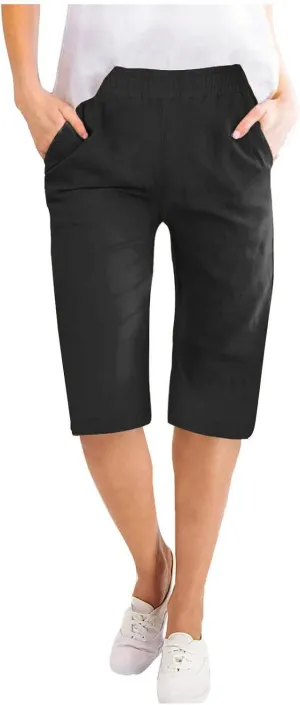 RKSTN Women Half Linen Pants with Pockets Elastic Waist Shorts Summer Beach Capris Solid Straight Wide Leg Knee Length Pant
