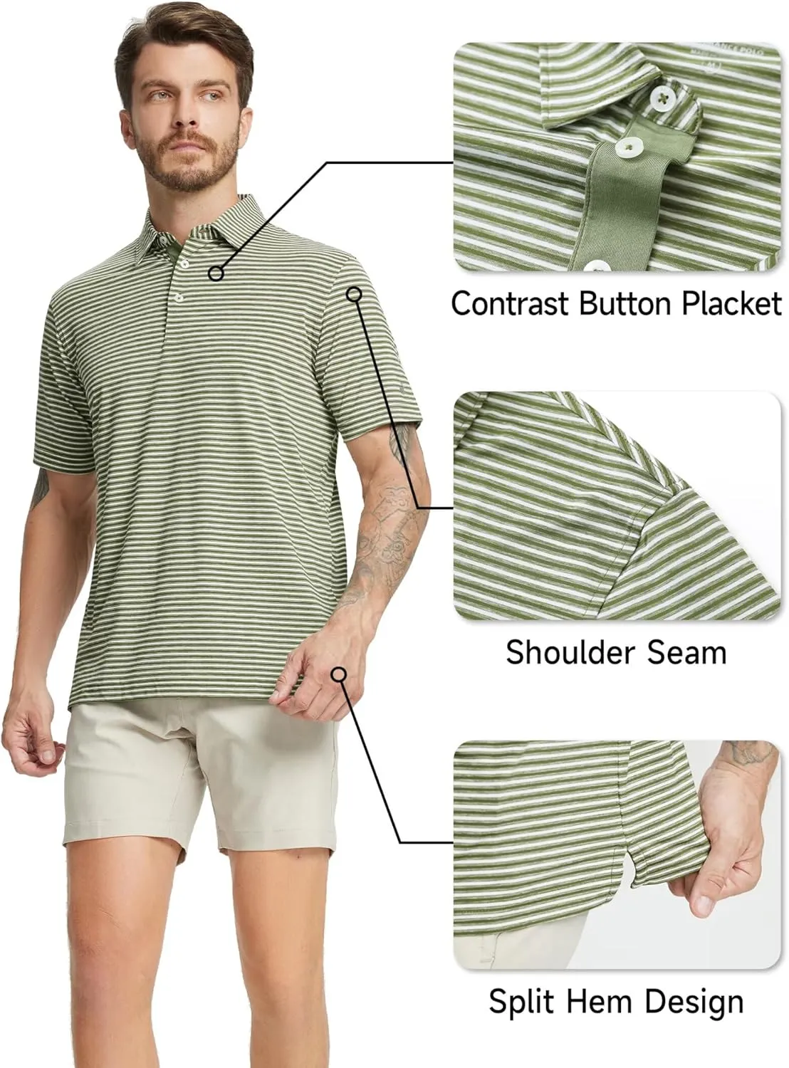 Rouen Golf Shirts for Men Moisture Wicking Lightweight Dry fit Performance Sports Stripe Collared Golf Polo Shirts for Men