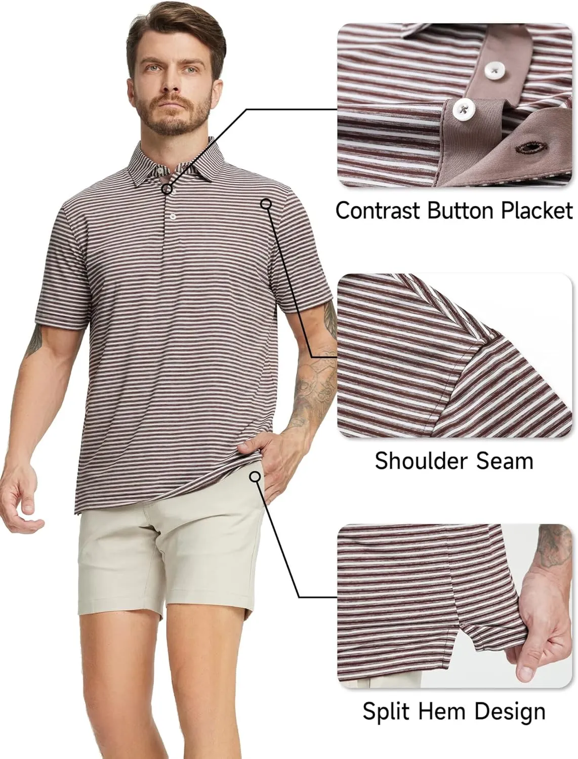 Rouen Golf Shirts for Men Moisture Wicking Lightweight Dry fit Performance Sports Stripe Collared Golf Polo Shirts for Men