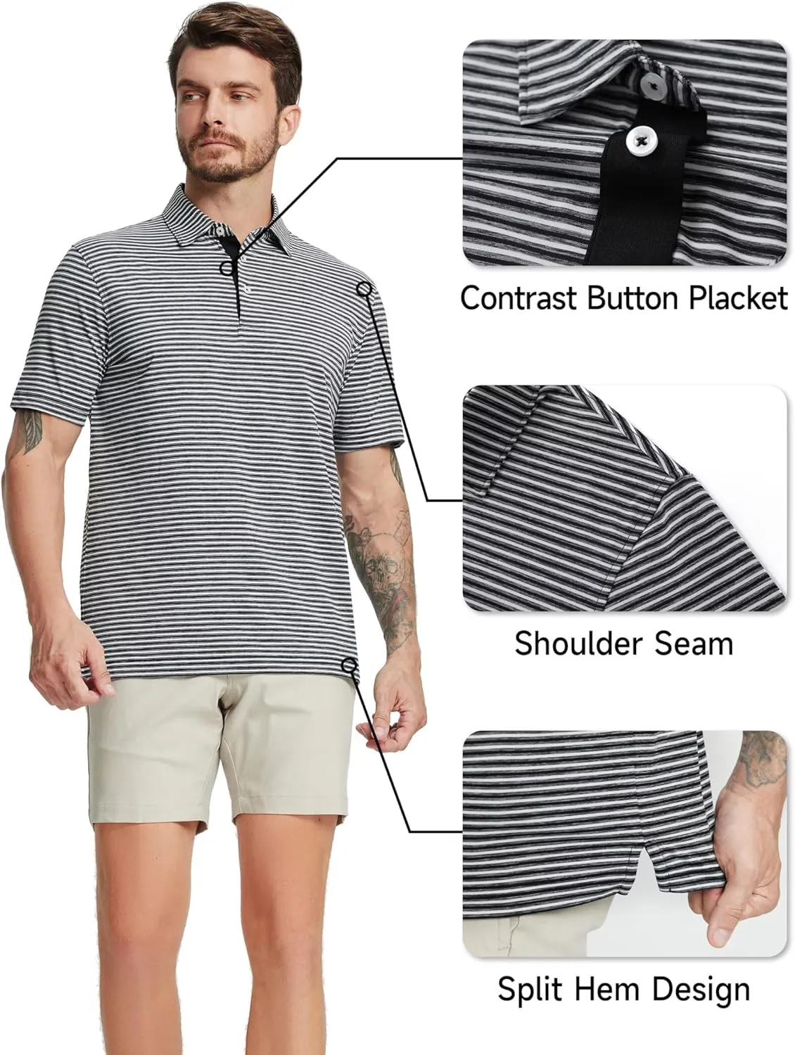 Rouen Golf Shirts for Men Moisture Wicking Lightweight Dry fit Performance Sports Stripe Collared Golf Polo Shirts for Men