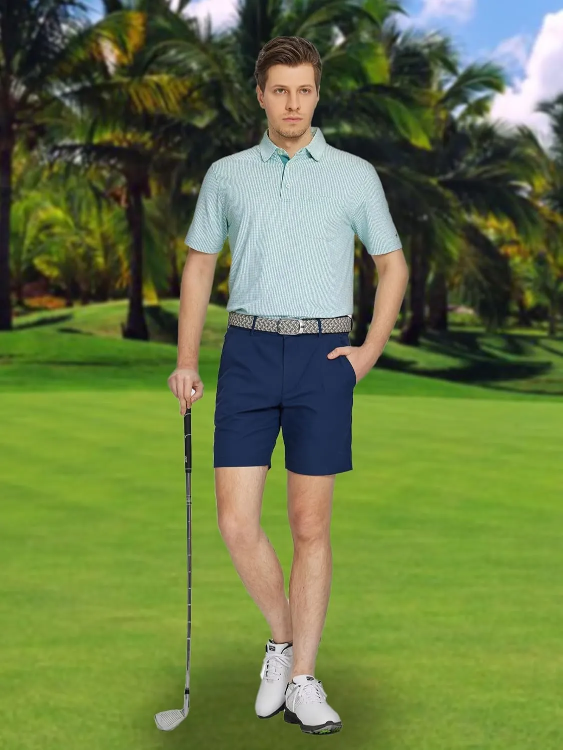 Rouen Mens Golf Shirts Short Sleeve Dry Fit Jacquard Performance Moisture Wicking Casual Pocket Collared Polo Shirts for Men