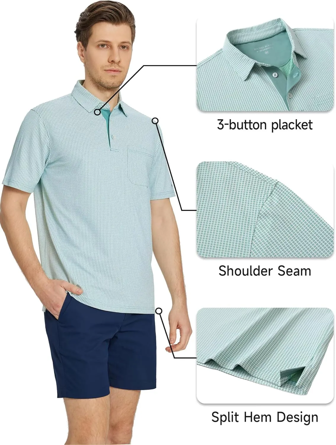 Rouen Mens Golf Shirts Short Sleeve Dry Fit Jacquard Performance Moisture Wicking Casual Pocket Collared Polo Shirts for Men