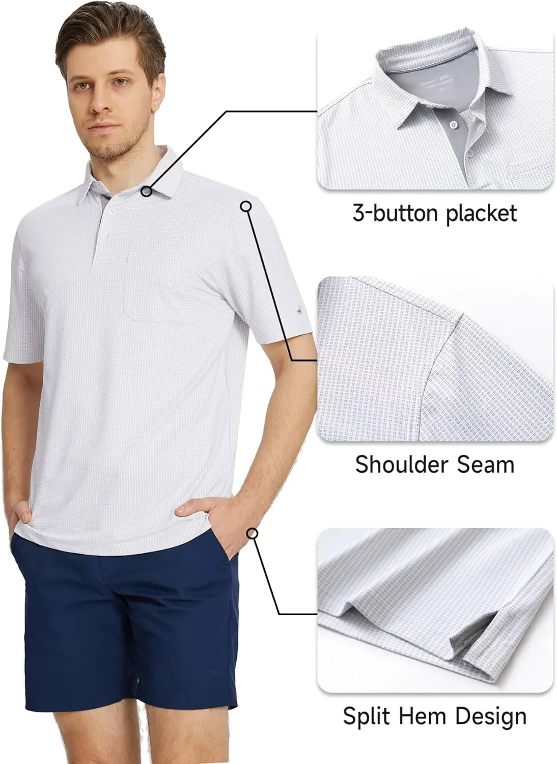 Rouen Mens Golf Shirts Short Sleeve Dry Fit Jacquard Performance Moisture Wicking Casual Pocket Collared Polo Shirts for Men