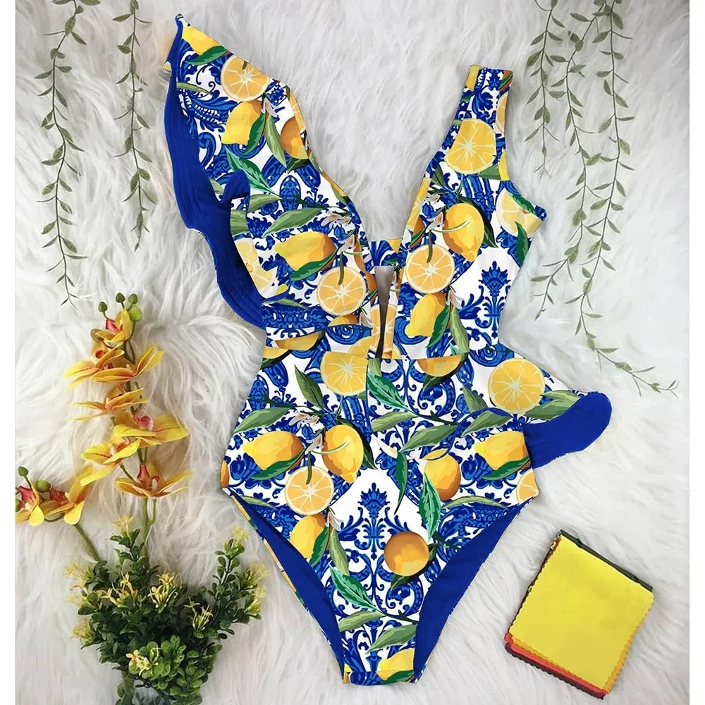 Ruffle Print One Piece Swimsuit Off The Shoulder Solid Deep-V Bathing Suit