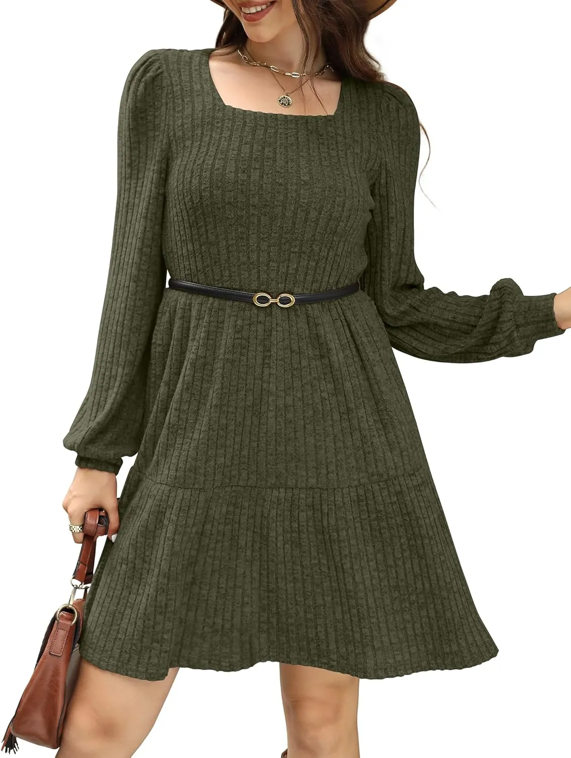 SAMPEEL Womens Square Neck Long Sleeve Fall Dresses Casual Babydoll Sweater Dress