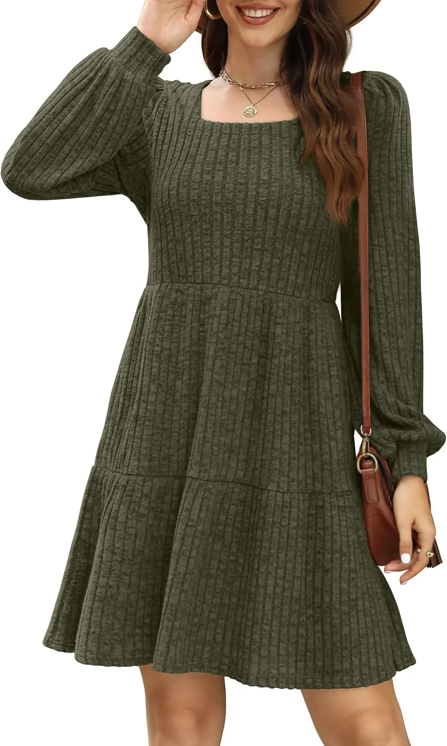 SAMPEEL Womens Square Neck Long Sleeve Fall Dresses Casual Babydoll Sweater Dress