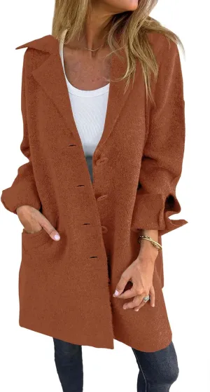 Saodimallsu Womens Long Cardigan Sweaters Chunky Knit Lapel Long Sleeve Sweater Coats Brown