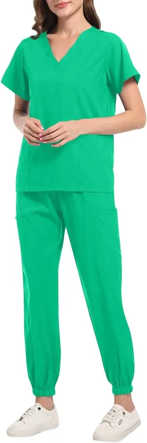 Scrub Sets for Woman Solid Color V-Neck Short Sleeve Scrub Top & Jogger Pants Multi-Pocket Nursing Uniforms Set